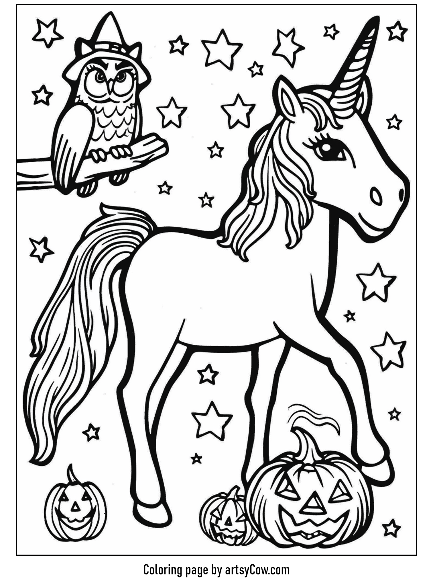 halloween coloring pages with unicorn, featuring a cheerful unicorn standing under a starry sky, a wise owl perched nearby, dressed in a witch's hat, with jolly pumpkins below.